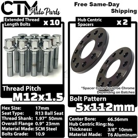 CTM 2x 10mm Thick 5x112 66.56mm CB Wheel Spacer w/o Hub Lip M12 Chrome Bolt Mercedes
