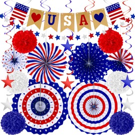 26 PCS 4th of July Decorations, 250th Memorial Day Red White Blue Paper Fans Decorations, 4th of July Banner Pompom Garland and Hanging Swirls Set for Fourth of July Independence Day Decor