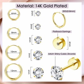 9 pair earrings set for multi piercing allergy prevention 14K gold plated small Huggie hoop earrings Women's ball square crystal Zircon gold flat back stud earrings Drop (Gold)