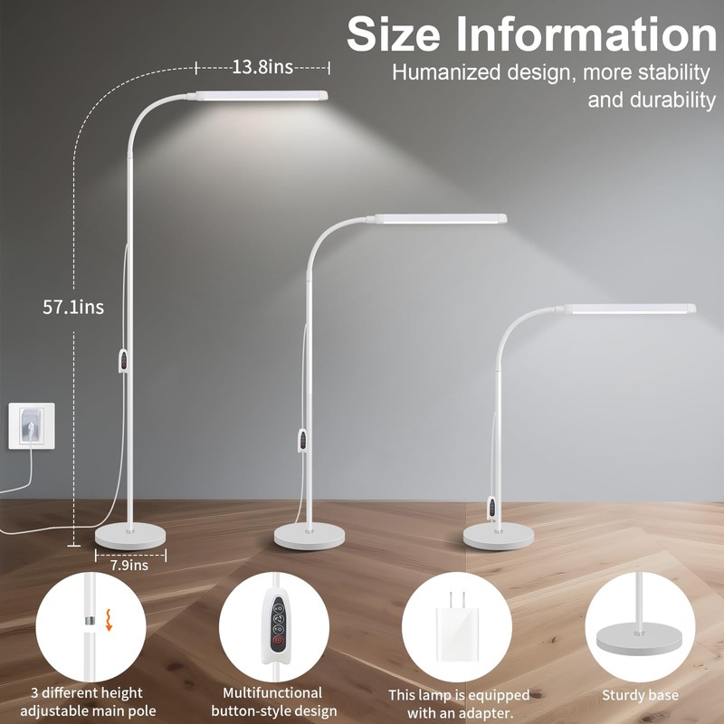 White LED Reading Floor Lamp, Bright 12W Dimmable Standing Light,