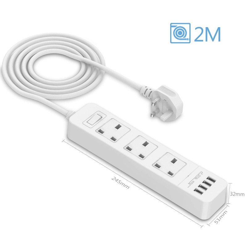 JSVER Extension Lead USB, Power Socket with 3 Outlet 4