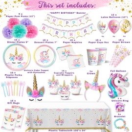 152 Pc Unicorn Birthday Decorations Set for Girls – Complete Unicorn Party Decorations Supplies Kit with Plates, Cups, Napkins, Balloons, Banner, Headband, Tablecloth – Magical Rainbow Party for Kids