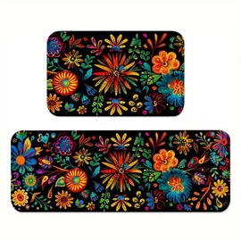 YWZDS Mexican Floral Kitchen Rugs Set of 2, Colorful Kitchen Mats with Rubber Backing Non Slip Washable, Cinco De Mayo Gift, 17" x 29 + 17" x 47" (Black)