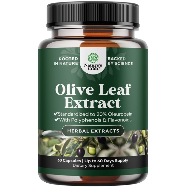 Potent Olive Leaf Extract Capsules - High Strength Antioxidant Supplement with Pure Olive Leaf with 20% Oleuropein - Herbal Heart Health Supplement - Vegan Non-GMO & Gluten Free (2 Month Supply)