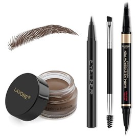 LAVONE Eyebrow Kit, with 4 Tip Waterproof Microblading Curved Eyebrow Pencil, Eyebrow Pomade, Eyeliner and Dual-ended Eyebrow Brush - 06 Dark Brown
