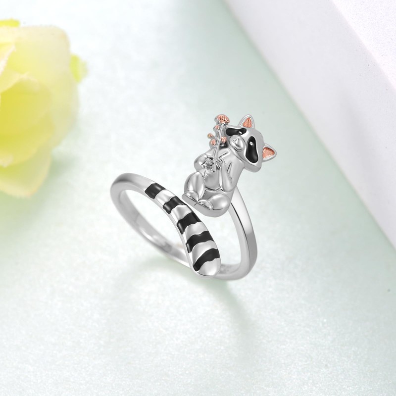 qielizhu Raccoon Ring 925 Sterling Silver Racoon Open Rings Adjustable