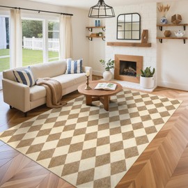 LIVEBOX Washable Rugs for Living Room 5x7, Brown Checkered Diamond Rug Non-Slip Modern Neutral Geometric Plaid Rugs for Bedroom, Low Pile Area Rug for Dining Room Kids Room Classroom