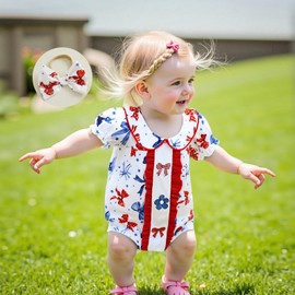 BemeyourBBs Baby Girl Bubble Romper Short Sleeve Peter Pan Collar Jumpsuit with Bow Headband Newborn Infant Summer Clothes (American flag Bow Red, 6-12 Months)