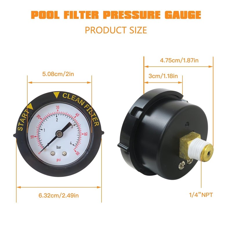 Upgraded Pool Filter Pressure Gauge Replacement Water Proof 60psi 1/4"