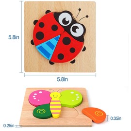 Wooden Toddler Puzzles, 6 Pack Animal Wooden Jigsaw Puzzles for Kids Baby Boys Girls Brain Development Preschool Learning Educational Toy, Extra Drawstring Bag for Easy Storage