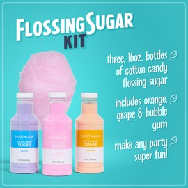 Nostalgia Cotton Candy Flossing Sugar (3-Pack), Grape, Pink Bubble Gum, Orange - Three 16-oz Bottles of Cotton Candy Sugar Mix - 96 Small to Medium Cone Servings