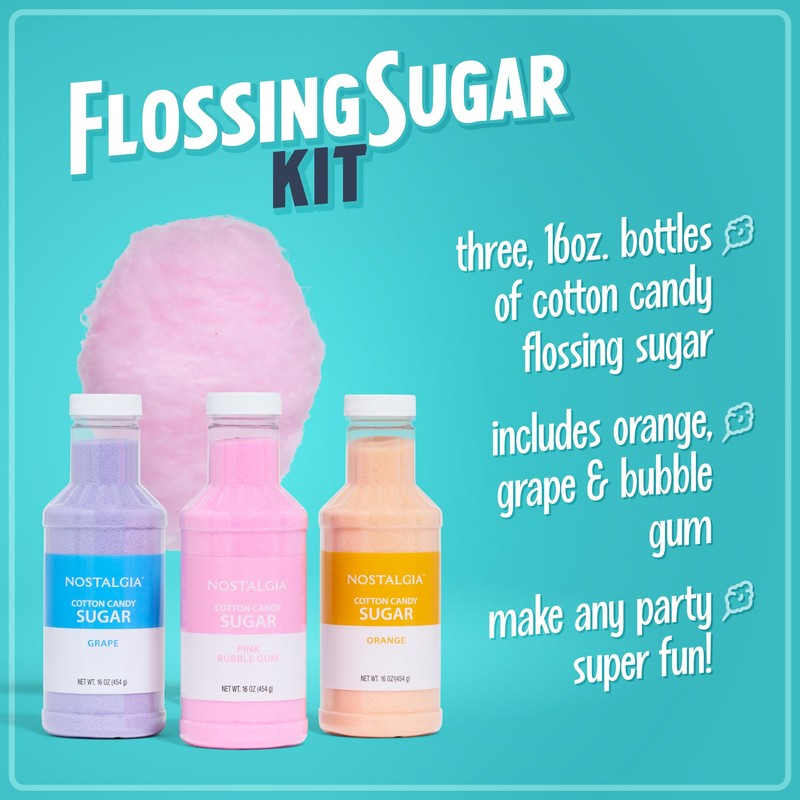Nostalgia Cotton Candy Flossing Sugar (3-Pack), Grape, Pink Bubble Gum,
