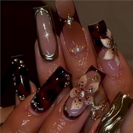 Long Square Press on Nails 3D Gold Curve Line Nails & Flower Fake Nails Designs Leopard Print French Tip False Nail Handmade Rhinestones Glue on Nail for Women Nails DIY Art 24 Pcs