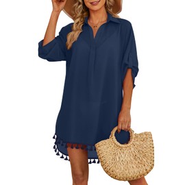 Yincro Women Swimsuit Cover Up Shirt 2024 Tassel Beach Bathing Suit for Swimwear Bikini Dress(Navy Blue, 3XL)
