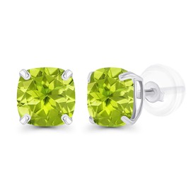 Solid 14K White Gold 6mm Cushion Natural Green Peridot August Birthstone Genuine Stud Earrings For Women