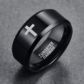 TUNGSTORY Promise Ring for Men Engraved Cross Pattern Black Tungsten Carbide Band Beveled Edge Comfort Fit Size 11.5