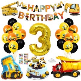 Children's 3rd Birthday Digger Decoration, Construction Site Birthday Decoration for Boys, Excavator Balloons,Construction Party Decoration, 3 Foil Balloons, Construction Vehicle Toys