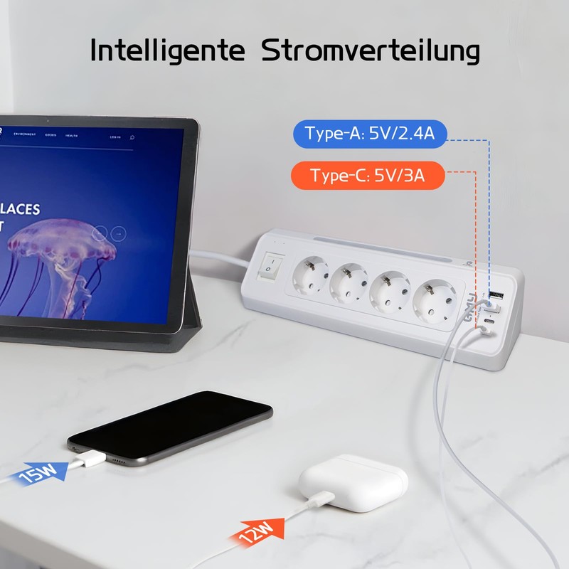 White Power Strip with 4 USB Ports, Multiple Socket with