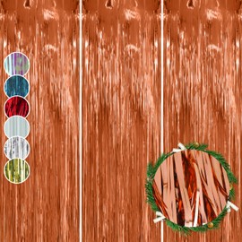 3Pk Rose Gold Foil Curtains 1.2M - Shiny Lametta Backdrop for Christmas, Party Decorations, New Year, Birthday, Wedding, Photo Booth, Doorway, Window and Wall Decor