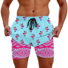 Men's Swim Trunks with Compression Liner 5.5" Bathing Suit Light Blue Fit Swim Shorts 3D Flamingo Swimsuits Quick Dry Lightweight Pockets Beach Surfing Shorts Size XL