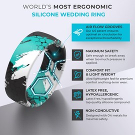 ThunderFit Silicone Wedding Rings for Men, Breathable Printed Design Rubber Engagement Bands 8mm Wide 2mm Thick (Teal Brush Strokes Camo - Size 8-8.5 (18.60mm))