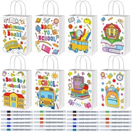 16Pcs Back to School Coloring Bags Color Your Own Paper Gift Bag with 24-Color Acrylic Marker Pen, First Day of School Reusable Coloring Bag Paper Tote Bag with Handle for Classroom Party DIY Crafts