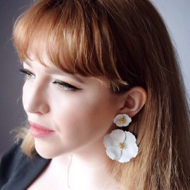 White Flower Stud Earrings for Women Dangling - Metals Matte Painted Dual Poppy Flower Floral Petal Tiered Drop for Women