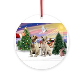 CafePress Treat for 2 Yellow Labs Round 4" MDF Holiday Ornament