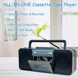 Portable Cassette Tape Player Recorder,AM/FM/SW Radio with Bluetooth,USB/SD, Big 10W Speaker,Record to Cassette/U Disk/SD Card via Mic, MP3 Converter, Earphone Jack,AC/DC Powered