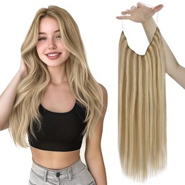 Sunny 120g Wire Hair Extensions Blonde Clip in Hair Extensions Human Hair with Transparent Wire Strawberry Blonde Highlights Bleach Blonde Fish Line Hair Extensions 18 Inch