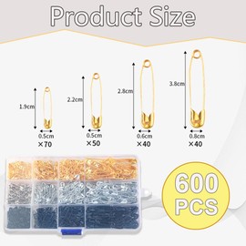 Pack of 600 Safety Pins, 4 Sizes 19 mm - 38 mm Safety Pins, Durable Safety Pins for Clothes, Crafts, Sewing