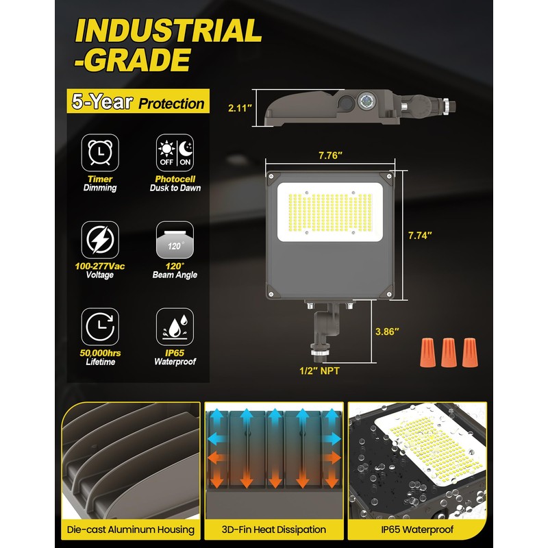 YARBO LED Flood Light with Timer Dimming, 80W/60W/40W Switchable, 3000K/4000K/5000K