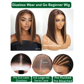 KLAIYI Bob Wig Human Hair Chocolate Brown With Highlight Straight Bye Bye Knots Glueless Wig 7x5 Precut Lace Front Pre Bleached Pre Plucked Ombre Balayage Wear and Go Beginner Wig Ready to Wear 10Inch
