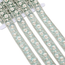 CABODYALS 4.57M Green Jacquard Ribbon Embroidery Trim Pearl Flower Lace Embroidered Woven Floral Beaded Oganza Sheer Tulle Ribbons for Sewing Making Skirt Wedding Gift Packaging Diy Craft Supplies