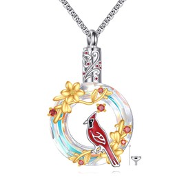 HUKKUN Red Cardinal Cremation Urn Necklace for Ashes Sterling Silver Crystal Red Bird Memorial Ashes Keepsake Jewelry Gift for Women