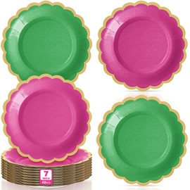 Tiangrid 48 Pcs Pink and Green Paper Plates 7 Inch Scalloped Disposable Dessert Plates for Coquette Bridal Pink Bow Wedding Birthday Baby Shower Party Supplies