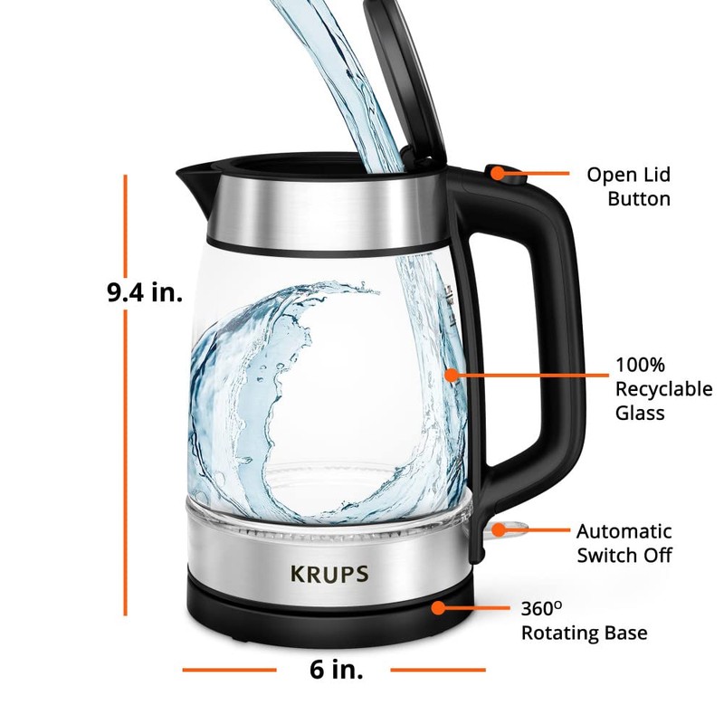 KRUPS 1.7L Glass Electric Kettle: Fast-Boiling 1500W with LED Indicator,