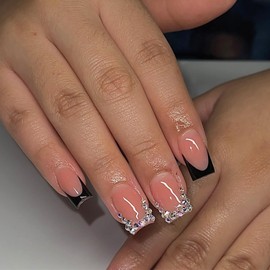 24 Pcs Black French Tip Press on Nails Short Square with Colorful Rhinestones Nail Tips Designs Glitter False Nails Glue on Nails French Full Cover Stick on Nails for Women Nail Decoration