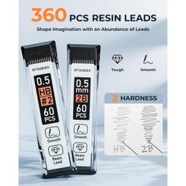 STAGEEK Metal Mechanical Pencils 0.5 with 6 Tubes (360 Pieces) HB and 2B Leads, 3 Pieces Weatherproof Outdoor Artist Pencils with Case, 4B Erasers for Writing, Drawing and Sketching