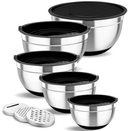 TeamFar Mixing Bowls Set of 5, Stainless Steel Nesting Salad Bowl with Lid & 3 Grater Attachments for Salad Mixing/Food Storage, Healthy, Airtight Lid & Non-slip Bottom - 4.6/3.5/2.5/1.5/1 QT