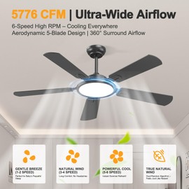 onffo 52-inch Low Profile Ceiling Fan with Light & Remote, Modern Black Ceiling Fan, Ultra Quiet Reversible DC Motor, Energy Efficient, Timer, Indoor/Outdoor Use for Living Room, Patio