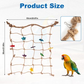 BOXOB Parrot Climbing Rope Net, 21.65x20.87in Colorful Star Design Bird Hammock Ladder Seagrass Mat Chew Toys with 4pcs Hooks Cockatiels Cage Accessories for Pigeons Cockatoos Parakeets
