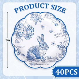 FYSUIMU 40Pcs Easter Scalloped Paper Plates Blue Floral Bunny Disposable Plates 9 Inch Rabbit Flower Dinner Plates for Spring Baby Shower Birthday Party Supplies