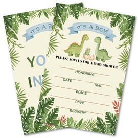 WENFLY Dinosaur Baby Shower Invitations Card, Party Invitations Kit with Envelopes for Boy, 25 Pcs 4x6 Inch, Childlike Warmth Green