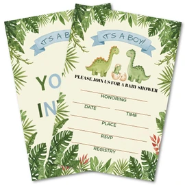 WENFLY Dinosaur Baby Shower Invitations Card, Party Invitations Kit with Envelopes for Boy, 25 Pcs 4x6 Inch, Childlike Warmth Green