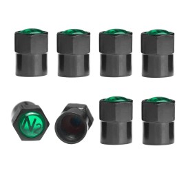 Auspichoice 8pc Black TPMS Valve Stem Caps Green N2 Nitrogen Logo+Seal f/ Car EV Hybrid Bike