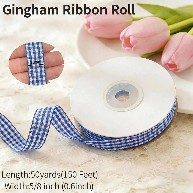 LYZXMLBL Royal Blue White Gingham Ribbon 5/8inx50Yd Woven Edge Gift