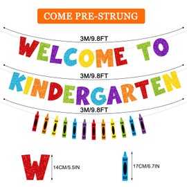 JKQ Colorful Glittery Welcome to Kindergarten Banner with Crayon Signs First Day of School Garland Banner Welcome Back to School Party Decorations 1st Day of Kindergarten Banner for Classroom