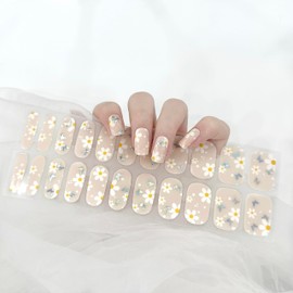 LIFOOST White Flower Gel Nail Stickers Nude Color with Silver Butterfly Design 22 Pcs Gel Strips Wraps Nail Art Decoration Accessories