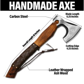 18" Viking Axe Bearded Axe Tomahawk Birthday Gifts-Valhalla Axe, Carbon Steel Viking Axe Head, Engraved Handle, Wolf Camp Axe, Genuine Leather Sheath & Wrap